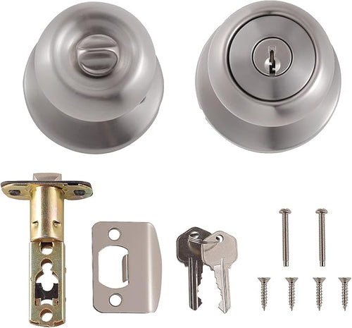 Exterior Door Knob with Lock – Coastal Style, Satin Nickel